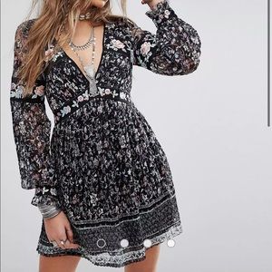 Free People cherry blossom mini dress black floral sheer v-neck boho western